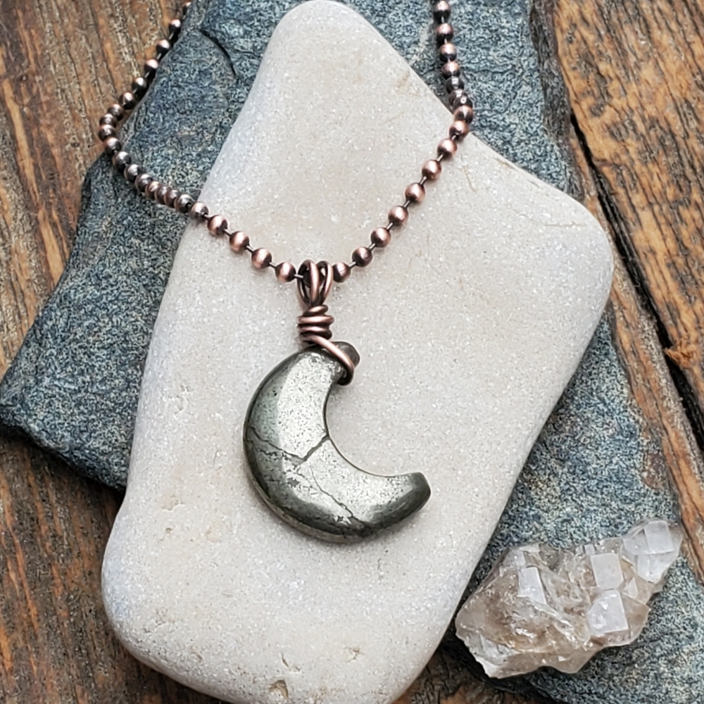 Necklace Copper Wire Wrapped Moon Shaped Pyrite Gemstone